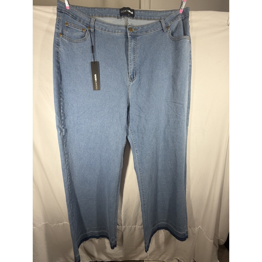 Fashion Nova Chantal Stretch Wide Leg Jeans Plus Size 20 Vintage Wash Raw NWT